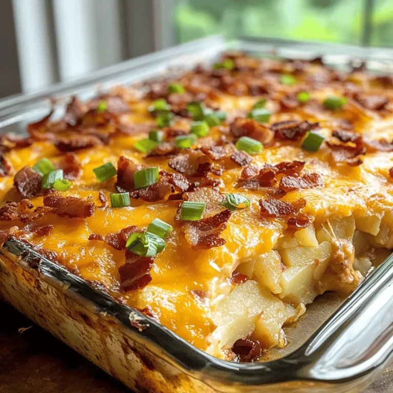 Begin your morning with a burst of flavor and satisfaction through this Cheesy Bacon Potato Breakfast Casserole. Perfect for gatherings or a cozy family breakfast, this dish combines the rich taste of crispy bacon, creamy cheeses, and tender potatoes, all baked to perfection. Whether you are serving a crowd or looking for a simple yet hearty breakfast option, this casserole is sure to please everyone at the table.