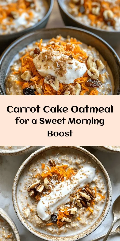 Indulge in a deliciously healthy breakfast with this Carrot Cake Oatmeal Delight! This easy recipe combines rolled oats with grated carrot, mashed banana, and warm spices for a comforting bowl of goodness. Topped with walnuts, raisins, and a touch of maple syrup, it’s perfect for starting your day right. Enjoy it warm, and don’t hesitate to add your favorite toppings like cream cheese frosting or shredded coconut for an extra treat. Quick, nutritious, and oh-so-satisfying!