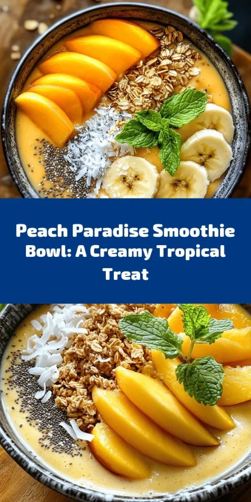 Indulge in a tropical getaway with this creamy Peach Paradise Smoothie Bowl! Blending ripe peaches, a frozen banana, and Greek yogurt creates a deliciously smooth base. Customize it with your favorite toppings like granola, chia seeds, fresh peach slices, and a hint of mint for an extra pop. Perfect for breakfast or a refreshing snack, this easy recipe takes just 10 minutes to prepare. Dive in and enjoy a sip of bliss!