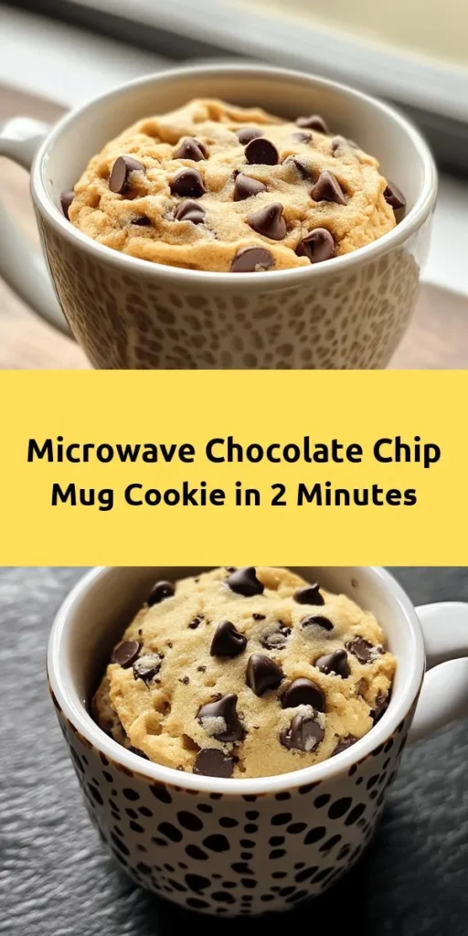 Indulge in a warm and gooey chocolate chip mug cookie in just minutes with this quick microwave recipe! Perfect for satisfying those late-night cravings, this single-serving treat combines melted butter, sugars, vanilla, and chocolate chips for a deliciously easy dessert. Just mix, microwave, and savor the sweet, fresh-baked goodness. Great for when you need a little pick-me-up or an instant indulgence! Enjoy every bite!