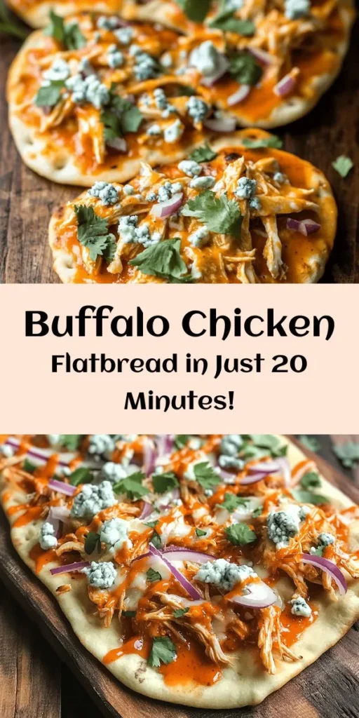 Looking for a quick and flavorful meal? Try this Easy Buffalo Chicken Flatbread recipe! It's made with tender shredded chicken coated in spicy buffalo sauce, topped with melty mozzarella and optional blue cheese, all on crispy flatbread. Perfect for game day or a casual dinner, this dish comes together in just 20 minutes. Garnish with fresh cilantro and crunchy celery for an extra pop. Satisfy your cravings and impress your guests with this delicious recipe!