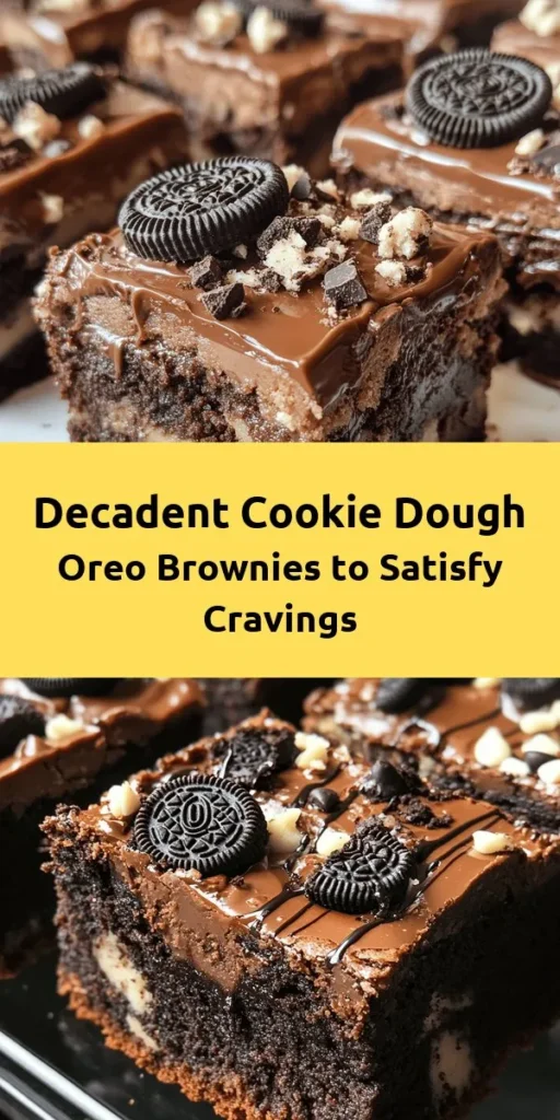 Indulge in these irresistible Cookie Dough Oreo Brownies! With a rich brownie base featuring chocolate chips and crunchy Oreo pieces, layered with a delicious cookie dough topping and finished with crushed Oreos, this dessert is a chocolate lover's dream. Perfect for parties or a sweet treat at home, they’re easy to make and sure to impress! Bake a batch today and enjoy gooey chocolate goodness in every bite!