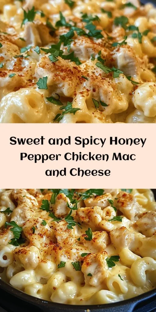 Satisfy your comfort food cravings with this delicious Honey Pepper Chicken Mac and Cheese! Perfectly cooked elbow macaroni is combined with savory honey-glazed chicken and a rich, creamy cheese sauce that’s bursting with flavor. Topped with golden cheese and a sprinkle of fresh parsley, this dish is sure to impress. Ideal for family dinners or gatherings, it’s a cheesy, sweet, and spicy twist on a classic favorite! Enjoy every bite.