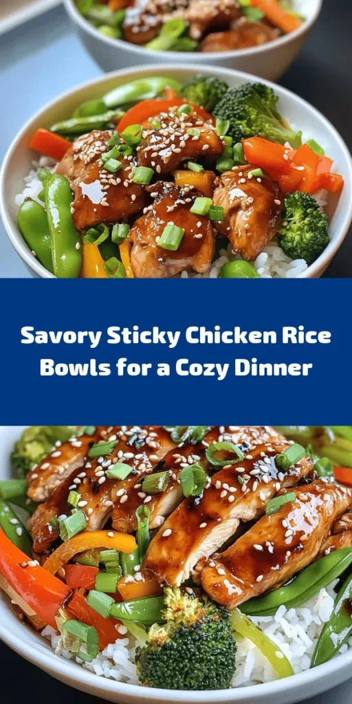Discover the irresistible flavors of Sticky Chicken Rice Bowls! This simple recipe combines juicy marinated chicken thighs, fluffy jasmine rice, and vibrant mixed vegetables for a satisfying meal. Marinated in a delightful mix of soy sauce and honey, the chicken is perfectly seared and served over a bed of rice, topped with sautéed veggies. Garnish with green onions and sesame seeds for that extra touch. A delicious dinner that’s easy enough for any night of the week!