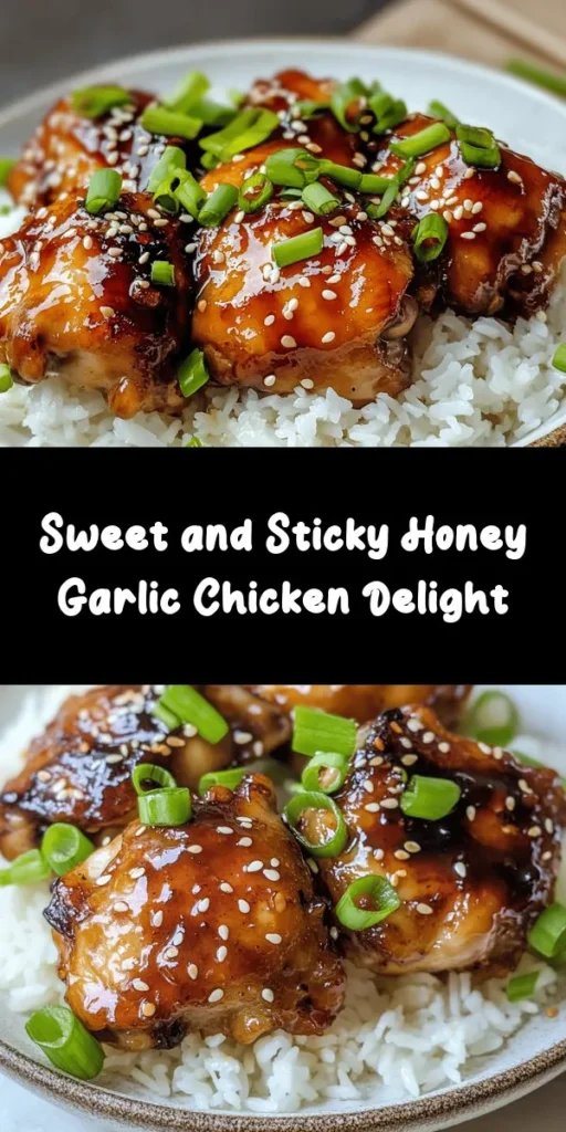 Indulge in this Sweet & Sticky Honey Garlic Chicken, bursting with flavors that will make your taste buds dance! This easy-to-follow recipe features tender chicken thighs marinated in a delicious blend of honey, soy sauce, garlic, and ginger. Sear and simmer to perfection, then drizzle with a thickened sauce and garnish with green onions and sesame seeds. Perfect served over rice or your favorite sides, this dish is a quick weeknight winner! Try it now!