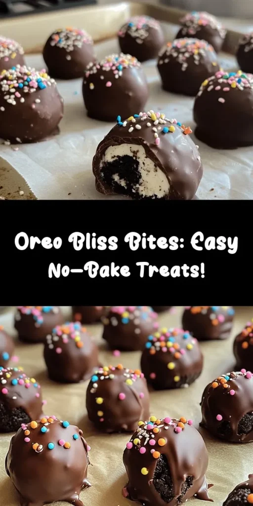 Indulge in these delightful Oreo Bliss Bites! Perfect for parties or a sweet treat at home, these no-bake bites are made with crushed Oreos, cream cheese, and a rich chocolate coating. They're easy to whip up in just over an hour and sure to impress anyone who tries them. Decorate with colorful sprinkles or crushed Oreos for that extra flair. Enjoy this delicious, chocolatey dessert that's perfect for sharing (or keeping to yourself)!