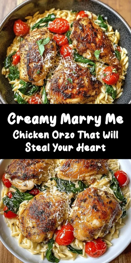 Indulge in the romantic flavors of Marry Me Chicken Orzo! This creamy one-pan dish features tender chicken thighs, vibrant cherry tomatoes, and fresh spinach all nestled with orzo pasta. Cooked in a rich chicken broth and finished with heavy cream and Parmesan, it’s a heartwarming meal perfect for impressing your loved ones. Quick to prepare and packed with flavor, this recipe is sure to win hearts! Enjoy it garnished with fresh basil for an extra touch.