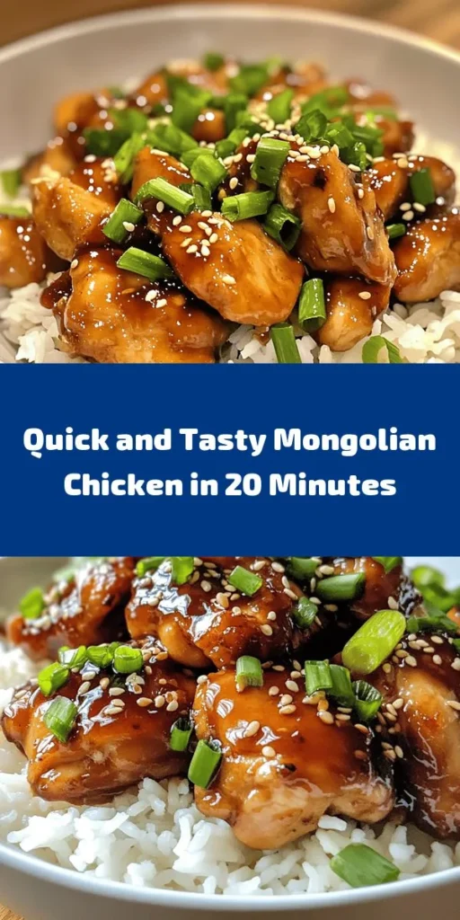 Whip up a delicious meal in just 20 minutes with this Sweet Savory Mongolian Chicken recipe! Perfectly tender chicken thighs are cooked to golden perfection and tossed in a flavorful sauce made with soy sauce, brown sugar, and hoisin. Serve it over fluffy jasmine rice, and garnish with green onions and sesame seeds for an extra touch. This dish is not only quick but also packed with mouthwatering flavors that will please the whole family!
