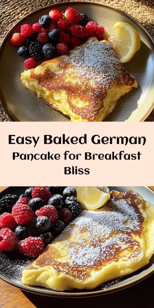 Experience the joy of a perfect breakfast with this Baked German Pancake Delight! Light and fluffy, this pancake is made with simple ingredients like flour, eggs, and milk, resulting in a deliciously puffed treat that everyone will love. Just whip up the batter, pour it over melted butter, and bake until golden. Serve with a dusting of powdered sugar and fresh berries or lemon juice for a refreshing finish. Quick to make and delightful to eat!