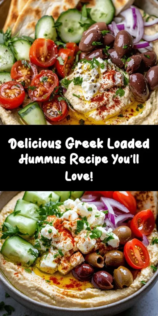 Looking for a flavorful twist on hummus? Try this Greek Style Loaded Hummus! It's a quick and delicious appetizer that combines creamy chickpeas with tahini, garlic, and a hint of lemon. Topped with Greek yogurt, fresh veggies, Kalamata olives, and feta cheese, it’s packed with Mediterranean flavors. Perfect for dipping with pita, chips, or veggies. Ready in just 15 minutes, it's ideal for gatherings or a tasty snack!