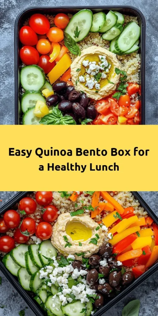 Discover the colorful and nutritious Bento Box Bliss recipe that's perfect for lunch or meal prep! Packed with protein-rich quinoa, fresh veggies like cucumbers, cherry tomatoes, and bell peppers, and topped with creamy hummus and feta cheese, this vibrant dish is a feast for the eyes and the taste buds. Quick to prepare in just 15 minutes, it’s great served cold or at room temperature. Add a sprinkle of fresh herbs for a flavorful finishing touch!