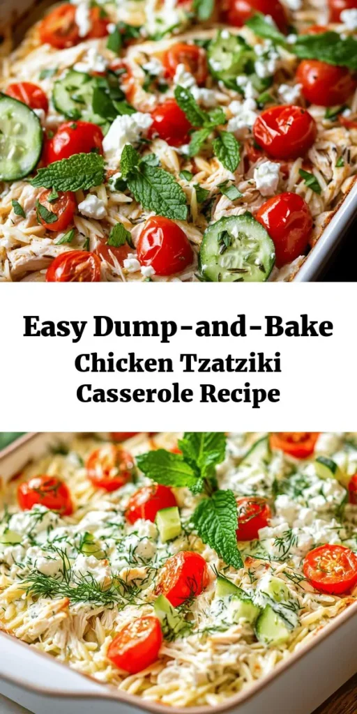 Looking for a quick and delicious dinner? Try this Dump-and-Bake Chicken Tzatziki Casserole! Made with tender rotisserie chicken, creamy Greek yogurt, and zesty flavors, it’s a simple one-dish meal that you can prepare in just 10 minutes. With orzo pasta, cherry tomatoes, and feta cheese, every bite is a burst of flavor. Perfect for busy weeknights, this dish serves 6 and is sure to please the whole family! Enjoy the freshness and ease of this tasty casserole.