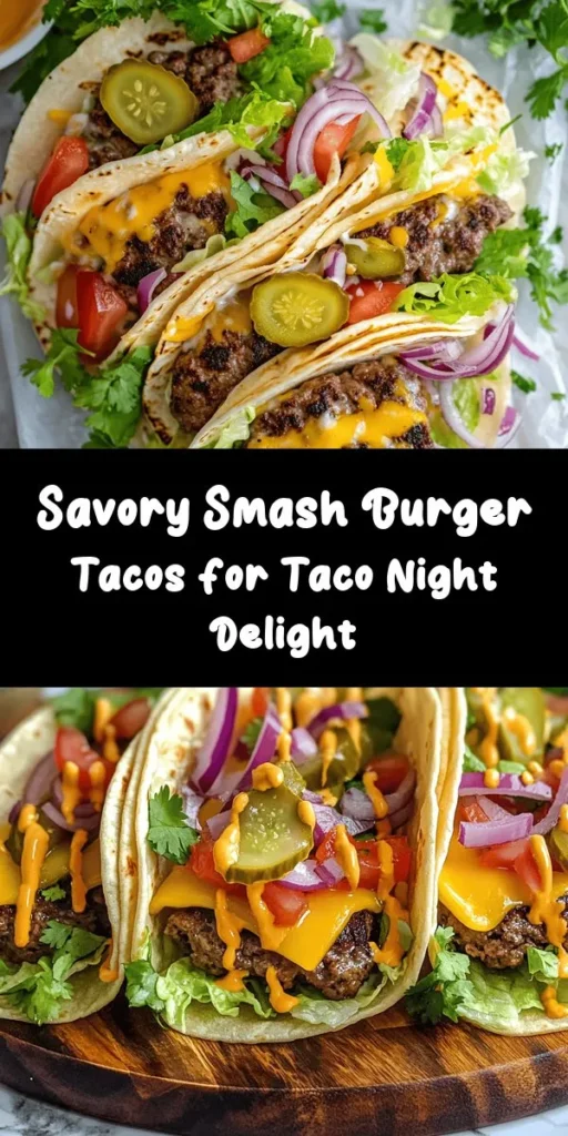 Upgrade Taco Tuesday with these Easy Smash Burger Tacos! Juicy beef patties seasoned to perfection are smashed and cooked for that irresistible crust, then topped with melted cheddar. Wrapped in warm tortillas, these tacos are loaded with fresh toppings like lettuce, tomato, pickles, and red onion. Drizzle with a tangy mayo-ketchup-mustard sauce for the ultimate flavor explosion. Quick, delicious, and perfect for any occasion! Enjoy this simple recipe in just 25 minutes!