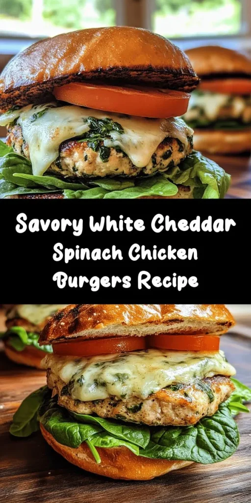 Savor the deliciousness of these Savory White Cheddar and Spinach Chicken Burgers! Juicy ground chicken blended with fresh spinach and creamy white cheddar create a mouthwatering meal that's both healthy and satisfying. Ready in just 30 minutes, these easy-to-make burgers are perfect for any weeknight dinner. Top with your favorite fixings and enjoy a flavorful bite that everyone will love. Ideal for those seeking a nutritious twist on a classic favorite!