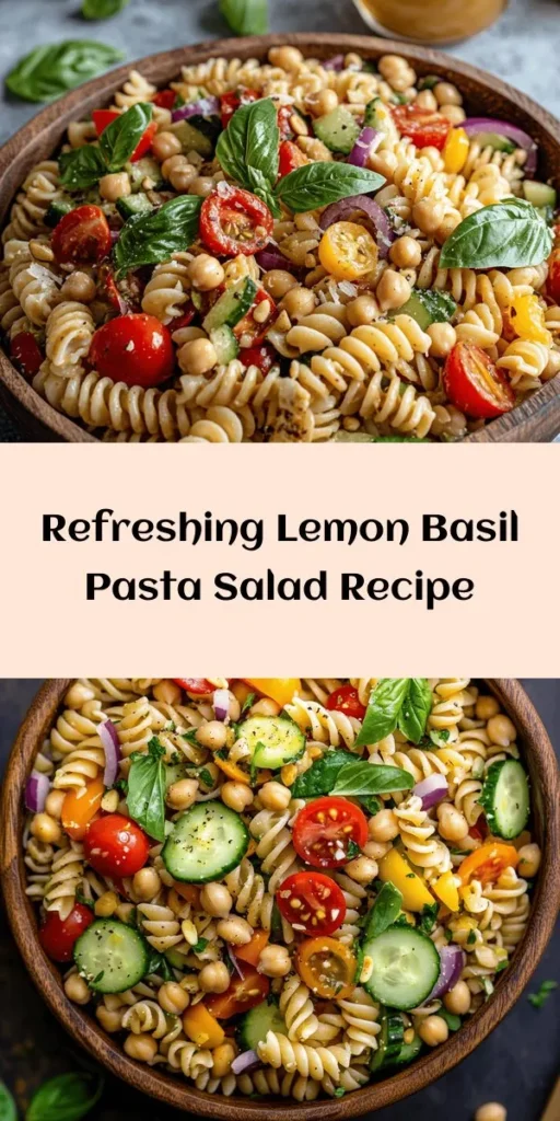 Brighten up your meal with this zesty lemon basil pasta salad! Made with whole grain pasta, fresh veggies, and a tangy lemon dressing, it's a delicious and healthy option for any occasion. Packed with cherry tomatoes, cucumber, red bell pepper, olives, and chickpeas, this salad is not only vibrant but also satisfying. Perfect for picnics, potlucks, or a quick lunch, it can be served cold or at room temperature. Enjoy a refreshing taste of summer in every bite!