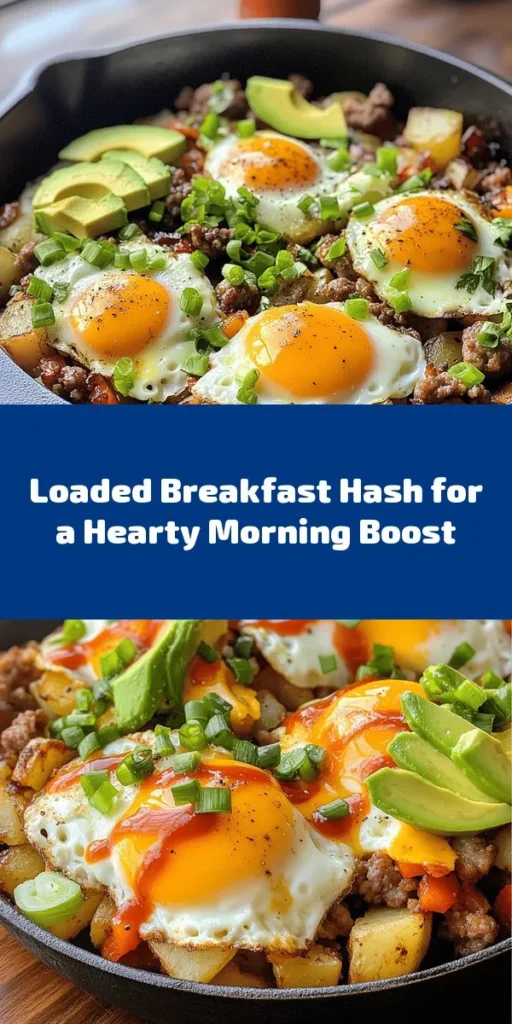 Start your day with a delicious Hearty Loaded Breakfast Hash Delight! This vibrant and filling dish combines crispy diced potatoes, savory sausage, colorful bell peppers, and gooey cheese, all topped with perfectly cooked eggs. It's a great way to enjoy breakfast with family or friends. Customize it with your favorite toppings like avocado or hot sauce for an extra kick. Perfect for brunch or a cozy weekend breakfast! #BreakfastHash #HealthyEats #BrunchIdeas