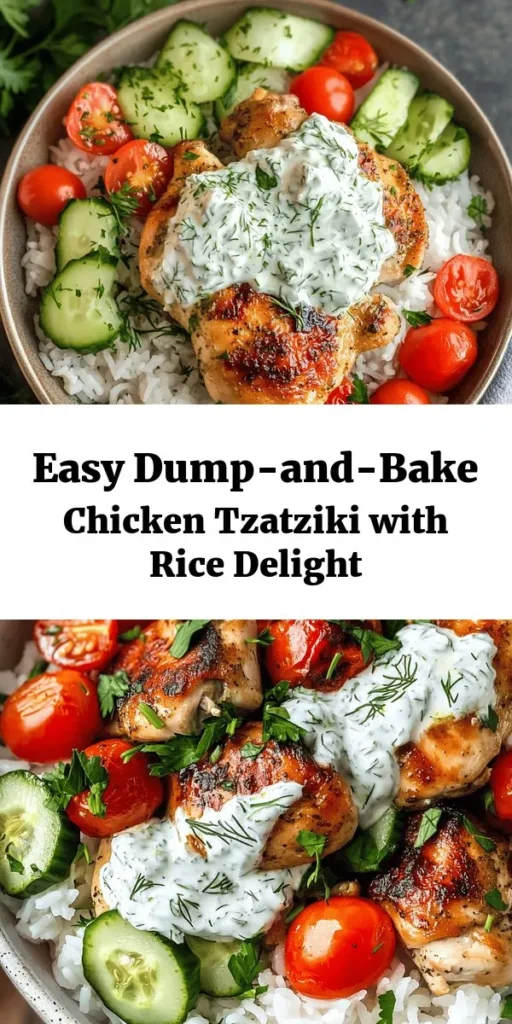 Looking for an easy and delicious weeknight dinner? Try this Dump-and-Bake Chicken Tzatziki with Rice recipe! It's a simple one-pan meal featuring tender chicken thighs, fragrant rice, and fresh veggies baked to perfection. Serve it with creamy homemade tzatziki for a burst of flavor. In just about an hour, you can have a delightful meal ready for the family. Perfect for busy nights and full of Mediterranean taste!