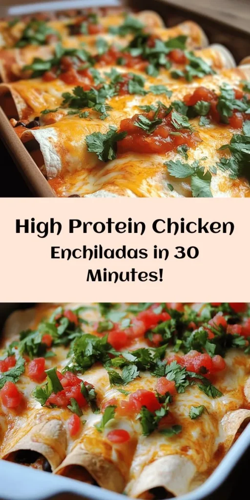 Looking for a delicious and easy meal? Try these high-protein chicken enchiladas! Made with shredded chicken, black beans, and creamy cottage cheese, they’re packed with flavor and nutrition. Just mix the filling, roll it in whole wheat tortillas, top with salsa and cheese, then bake until bubbly. Perfect for a weeknight dinner or meal prep! Enjoy with fresh cilantro for an extra zing. Ready in just 30 minutes!