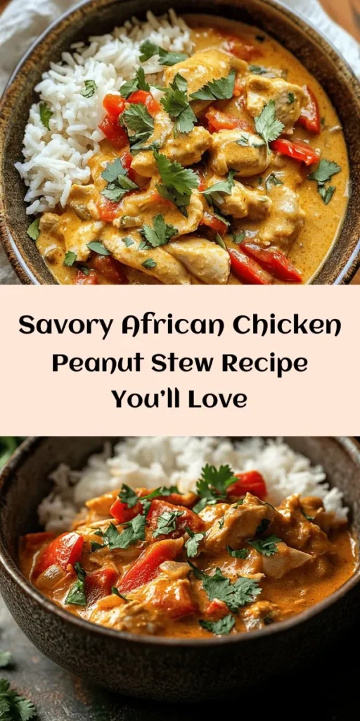 Experience the rich flavors of Africa with this delightful African Chicken Peanut Stew! Made with tender chicken, aromatic spices, and creamy peanut butter, this dish is cozy and satisfying. Fresh veggies like kale or spinach add a nutritious twist, while coconut milk brings a touch of sweetness. Perfect served over rice or couscous, it's a simple yet impressive meal for any occasion. Try it today for a taste adventure that's sure to please!