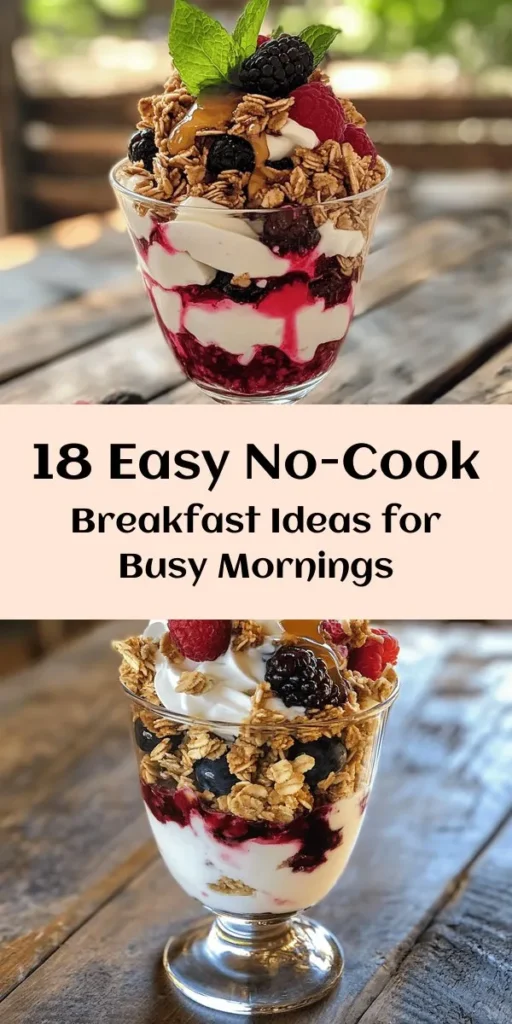 Kick-start your day with these 18 delicious no-cook breakfast recipes that are quick, easy, and packed with flavor! From Overnight Berry Parfaits to Avocado Toast with a Twist, each recipe is designed for busy mornings. Try Chia Seed Pudding Delight for a nutritious start or whip up Quick Breakfast Tacos for a savory option. Perfect for meal prep, these recipes will keep you energized without the hassle of cooking. Your mornings just got a whole lot tastier!