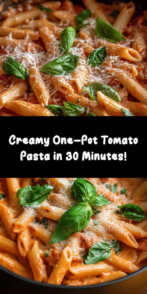 Discover the ultimate comfort food with this easy one pot creamy tomato pasta! This delicious recipe combines tender penne pasta with a rich, creamy tomato sauce made from diced tomatoes, vegetable broth, and heavy cream. Ready in just 30 minutes, it's perfect for busy weeknights or cozy family dinners. Top it off with a sprinkle of Parmesan cheese and fresh basil for an extra burst of flavor. It's a satisfying meal that everyone will love!